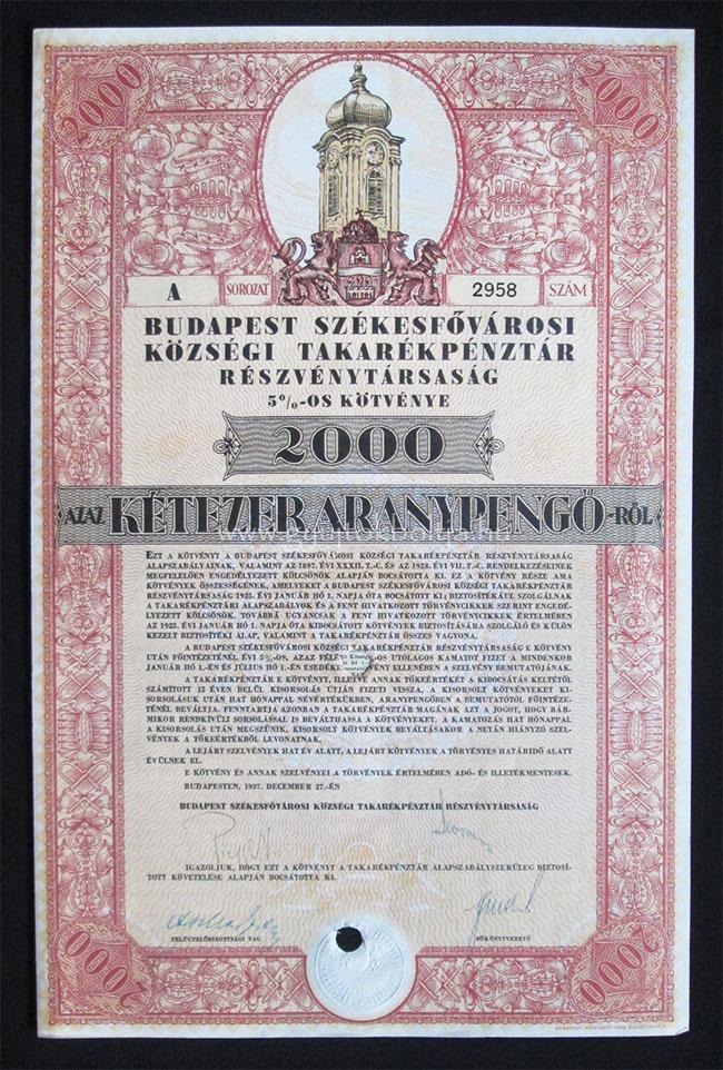 Budapest Szkesfvrosi Kzsgi Takarkpnztr ktvny 2000 aranypeng 1937